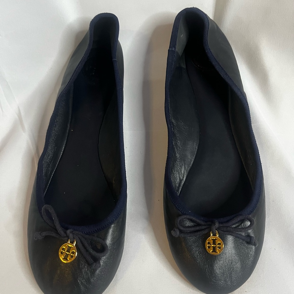 Tory Burch Women's Dark Blue Flats with Gold Charm
